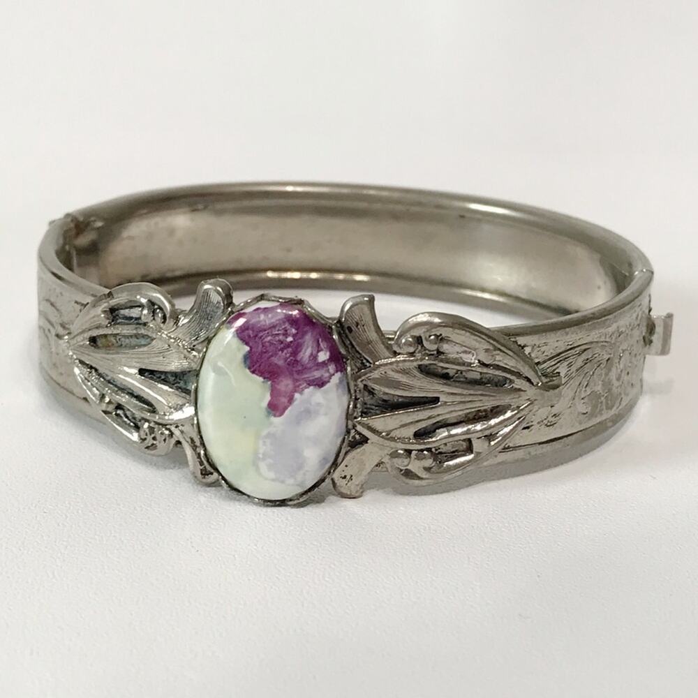 Vintage Stamped Embossed Floral Silver Tone Tin Clamper Bangle Bracelet Cabochon
